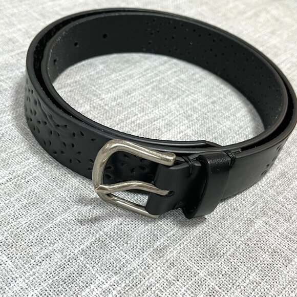 Black Leather Preppy Flower Cut Out Belt with Silver Buckle Size Small Laser Cut - Picture 1 of 6